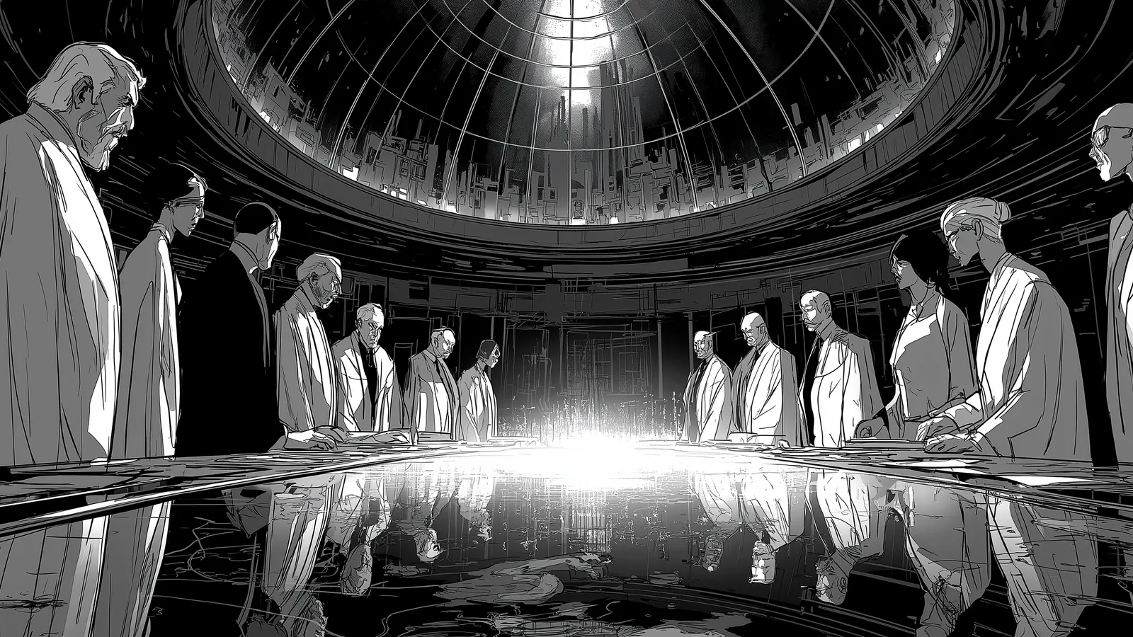 Der Rat der Kognokraten - eine futuristische Versammlung androgyner Experten in einem transparenten Ratssaal mit holographischen Datenströmen